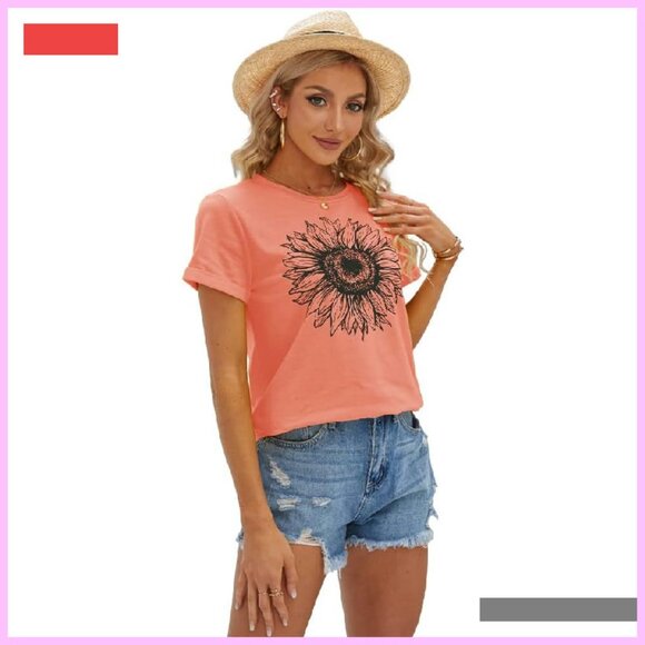 Women's Short Sleeve Graphic Tee Loose Fit Summer Top - Picture 3 of 4